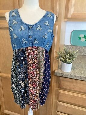 Young Threads Embroidered Patchwork Denim Sundress